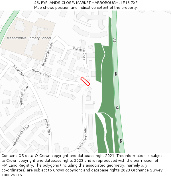 46, RYELANDS CLOSE, MARKET HARBOROUGH, LE16 7XE: Location map and indicative extent of plot