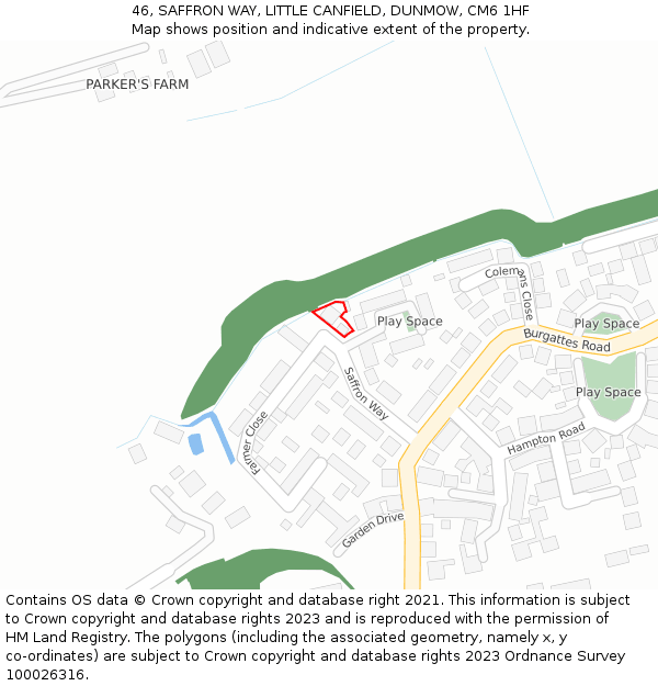 46, SAFFRON WAY, LITTLE CANFIELD, DUNMOW, CM6 1HF: Location map and indicative extent of plot