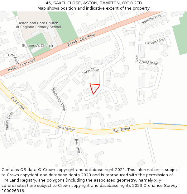 46, SAXEL CLOSE, ASTON, BAMPTON, OX18 2EB: Location map and indicative extent of plot