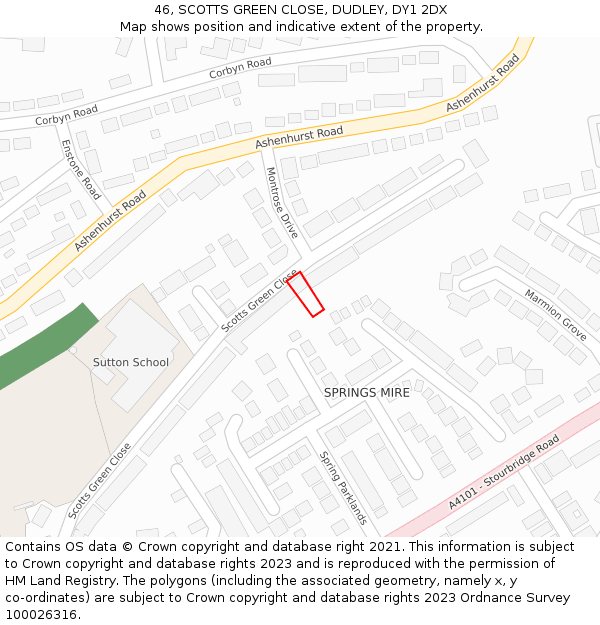 46, SCOTTS GREEN CLOSE, DUDLEY, DY1 2DX: Location map and indicative extent of plot