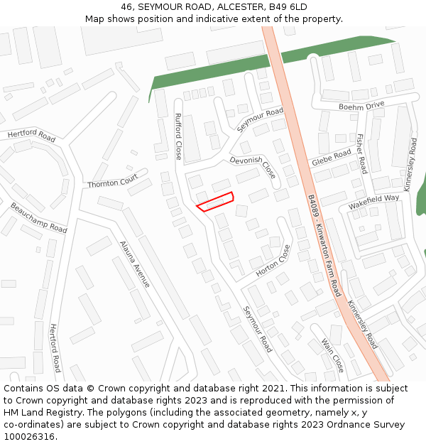 46, SEYMOUR ROAD, ALCESTER, B49 6LD: Location map and indicative extent of plot