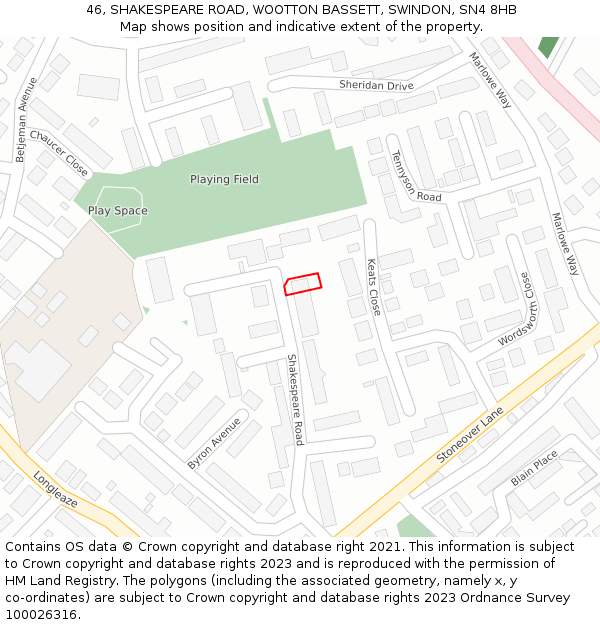 46, SHAKESPEARE ROAD, WOOTTON BASSETT, SWINDON, SN4 8HB: Location map and indicative extent of plot