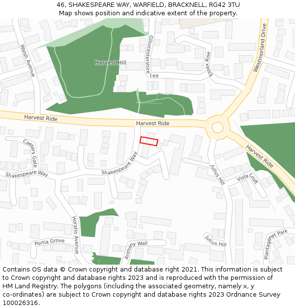 46, SHAKESPEARE WAY, WARFIELD, BRACKNELL, RG42 3TU: Location map and indicative extent of plot