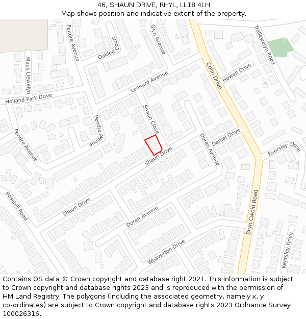 46, SHAUN DRIVE, RHYL, LL18 4LH: Location map and indicative extent of plot