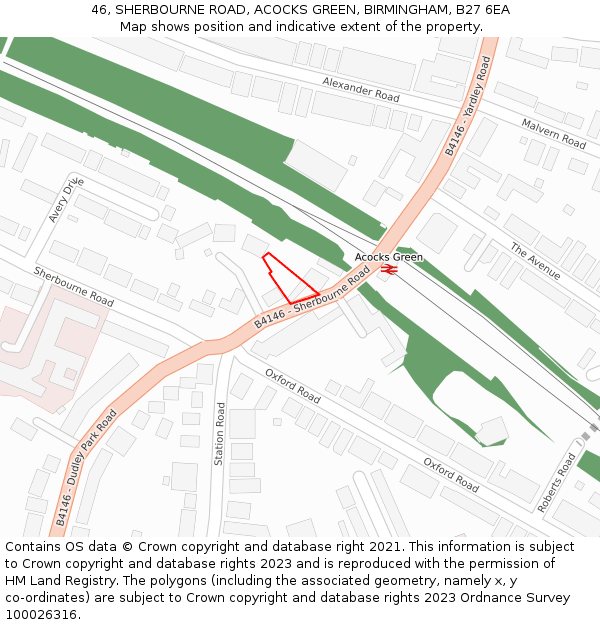 46, SHERBOURNE ROAD, ACOCKS GREEN, BIRMINGHAM, B27 6EA: Location map and indicative extent of plot