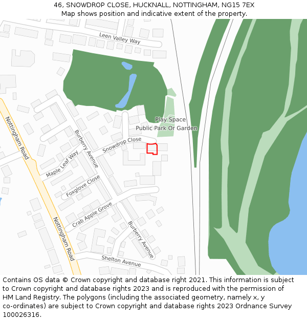 46, SNOWDROP CLOSE, HUCKNALL, NOTTINGHAM, NG15 7EX: Location map and indicative extent of plot