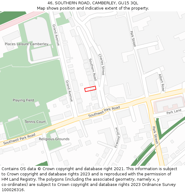 46, SOUTHERN ROAD, CAMBERLEY, GU15 3QL: Location map and indicative extent of plot