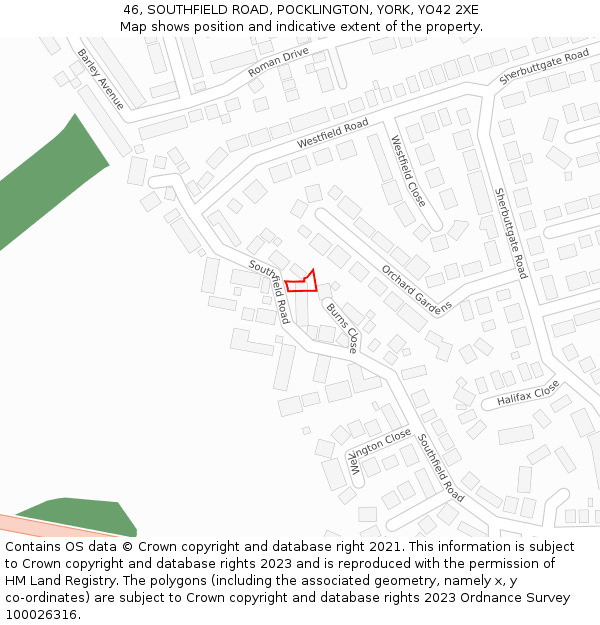 46, SOUTHFIELD ROAD, POCKLINGTON, YORK, YO42 2XE: Location map and indicative extent of plot