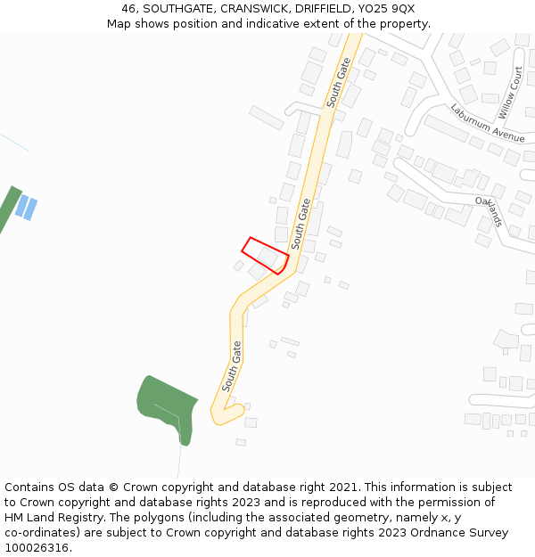 46, SOUTHGATE, CRANSWICK, DRIFFIELD, YO25 9QX: Location map and indicative extent of plot