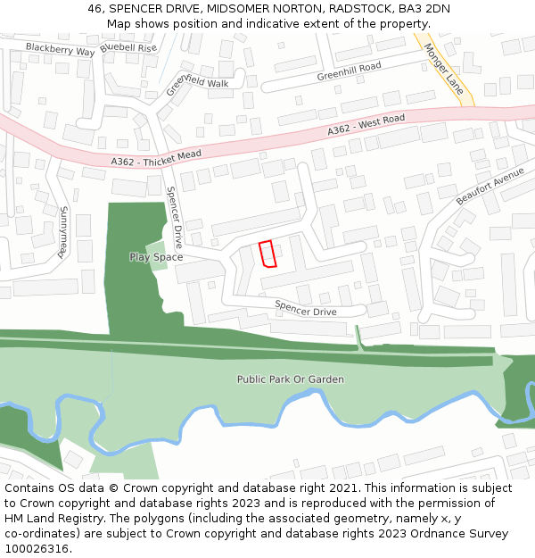 46, SPENCER DRIVE, MIDSOMER NORTON, RADSTOCK, BA3 2DN: Location map and indicative extent of plot