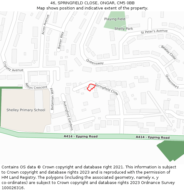 46, SPRINGFIELD CLOSE, ONGAR, CM5 0BB: Location map and indicative extent of plot