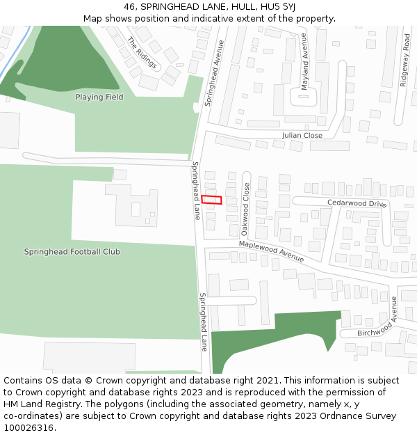 46, SPRINGHEAD LANE, HULL, HU5 5YJ: Location map and indicative extent of plot