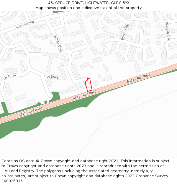 46, SPRUCE DRIVE, LIGHTWATER, GU18 5YX: Location map and indicative extent of plot