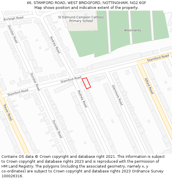 46, STAMFORD ROAD, WEST BRIDGFORD, NOTTINGHAM, NG2 6GF: Location map and indicative extent of plot