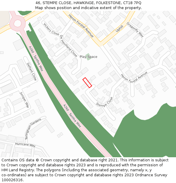 46, STEMPE CLOSE, HAWKINGE, FOLKESTONE, CT18 7PQ: Location map and indicative extent of plot