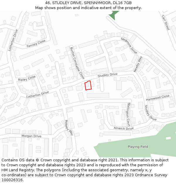 46, STUDLEY DRIVE, SPENNYMOOR, DL16 7GB: Location map and indicative extent of plot