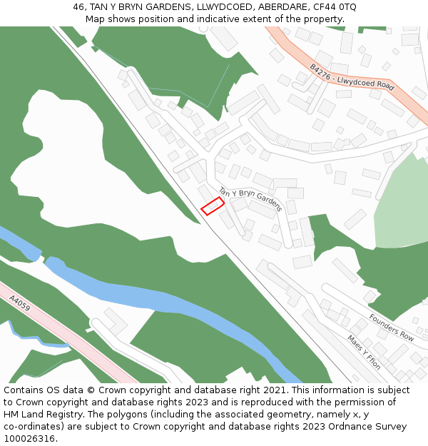 46, TAN Y BRYN GARDENS, LLWYDCOED, ABERDARE, CF44 0TQ: Location map and indicative extent of plot