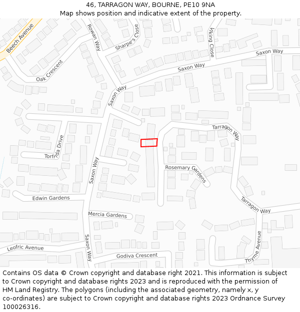 46, TARRAGON WAY, BOURNE, PE10 9NA: Location map and indicative extent of plot