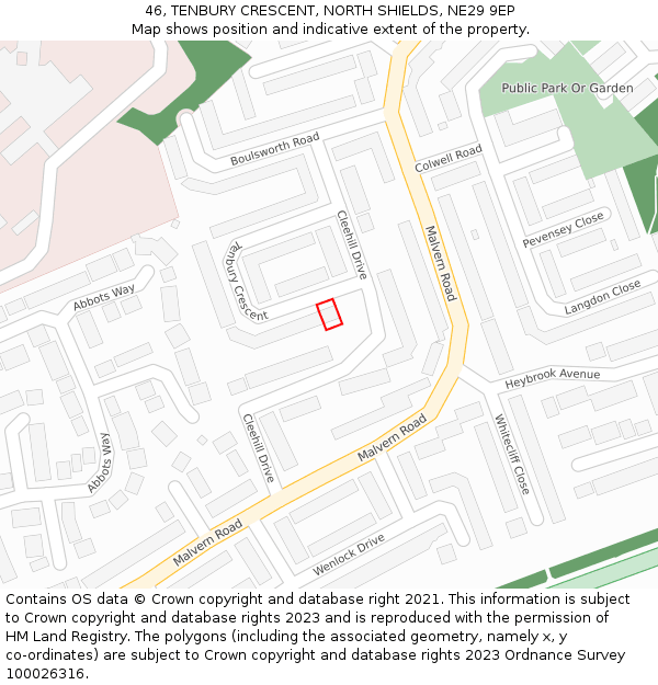 46, TENBURY CRESCENT, NORTH SHIELDS, NE29 9EP: Location map and indicative extent of plot