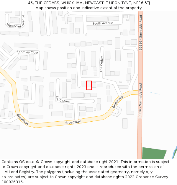46, THE CEDARS, WHICKHAM, NEWCASTLE UPON TYNE, NE16 5TJ: Location map and indicative extent of plot