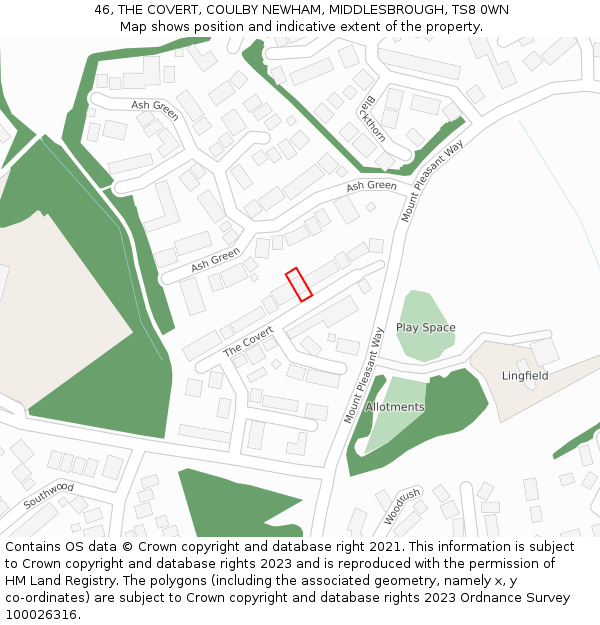 46, THE COVERT, COULBY NEWHAM, MIDDLESBROUGH, TS8 0WN: Location map and indicative extent of plot