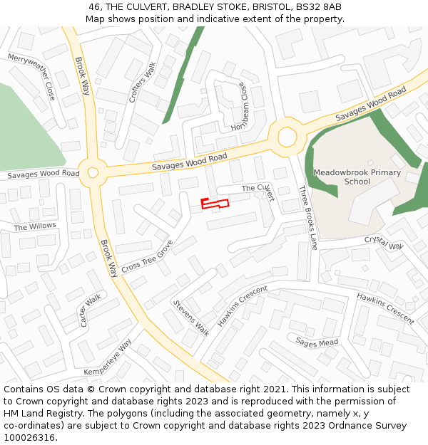 46, THE CULVERT, BRADLEY STOKE, BRISTOL, BS32 8AB: Location map and indicative extent of plot