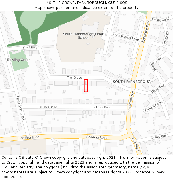 46, THE GROVE, FARNBOROUGH, GU14 6QS: Location map and indicative extent of plot