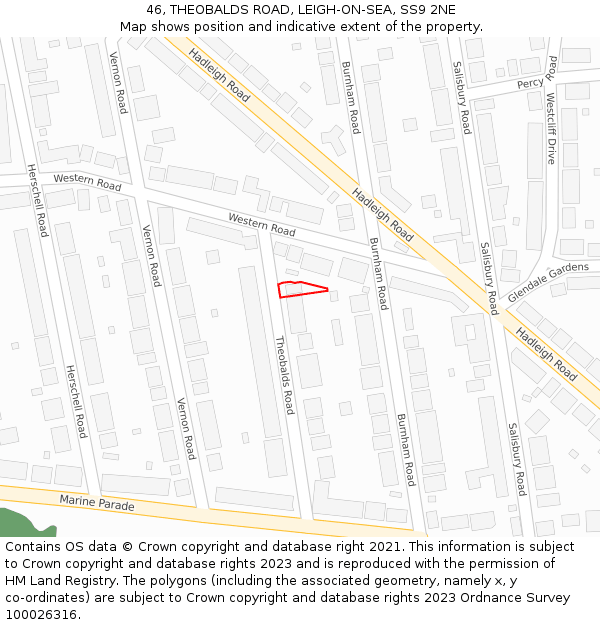 46, THEOBALDS ROAD, LEIGH-ON-SEA, SS9 2NE: Location map and indicative extent of plot