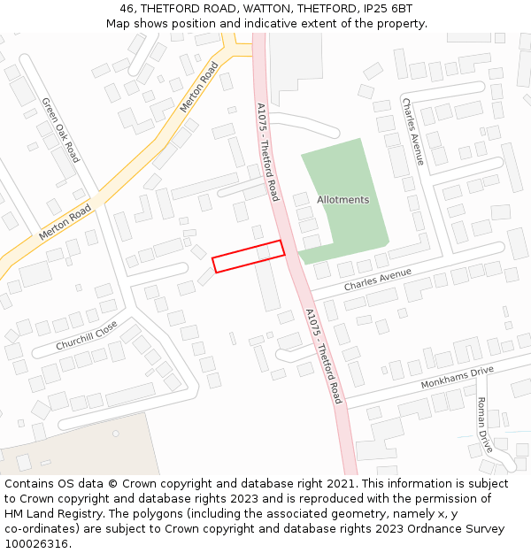 46, THETFORD ROAD, WATTON, THETFORD, IP25 6BT: Location map and indicative extent of plot