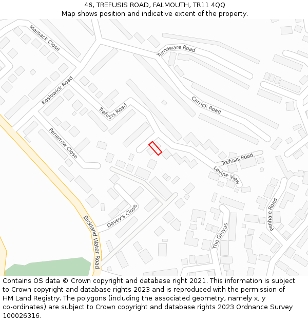 46, TREFUSIS ROAD, FALMOUTH, TR11 4QQ: Location map and indicative extent of plot