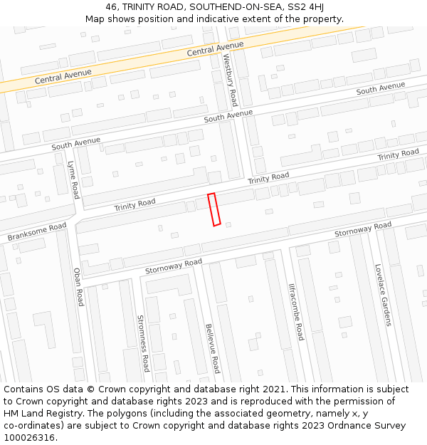 46, TRINITY ROAD, SOUTHEND-ON-SEA, SS2 4HJ: Location map and indicative extent of plot