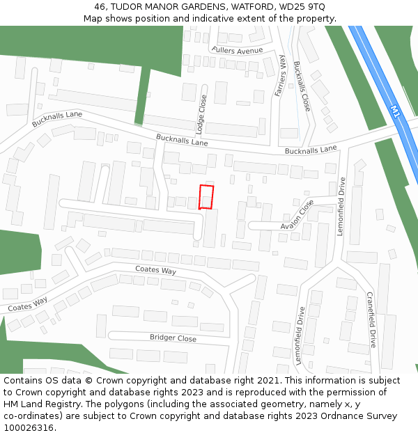 46, TUDOR MANOR GARDENS, WATFORD, WD25 9TQ: Location map and indicative extent of plot