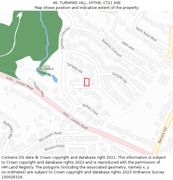 46, TURNPIKE HILL, HYTHE, CT21 4SE: Location map and indicative extent of plot