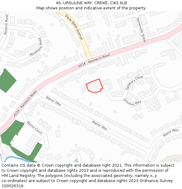 46, URSULINE WAY, CREWE, CW2 6LB: Location map and indicative extent of plot