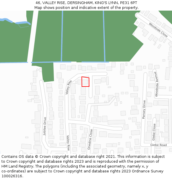 46, VALLEY RISE, DERSINGHAM, KING'S LYNN, PE31 6PT: Location map and indicative extent of plot