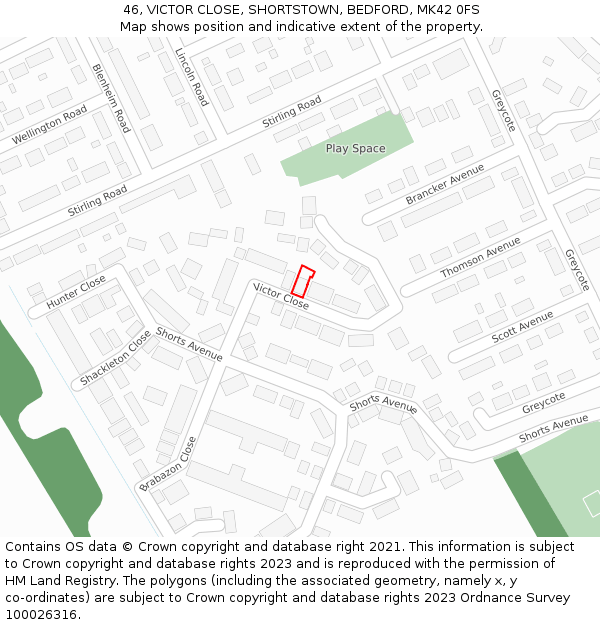 46, VICTOR CLOSE, SHORTSTOWN, BEDFORD, MK42 0FS: Location map and indicative extent of plot