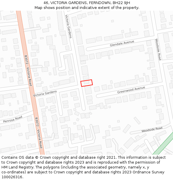 46, VICTORIA GARDENS, FERNDOWN, BH22 9JH: Location map and indicative extent of plot