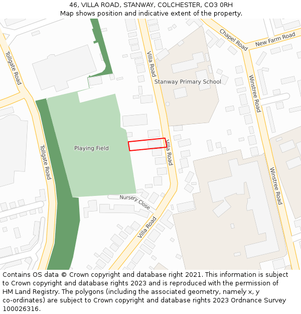 46, VILLA ROAD, STANWAY, COLCHESTER, CO3 0RH: Location map and indicative extent of plot