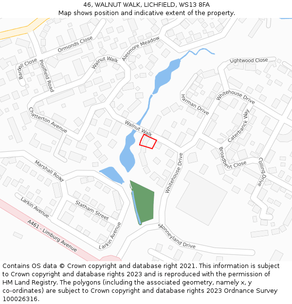 46, WALNUT WALK, LICHFIELD, WS13 8FA: Location map and indicative extent of plot