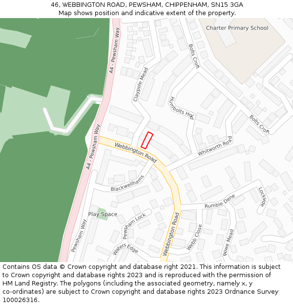 46, WEBBINGTON ROAD, PEWSHAM, CHIPPENHAM, SN15 3GA: Location map and indicative extent of plot