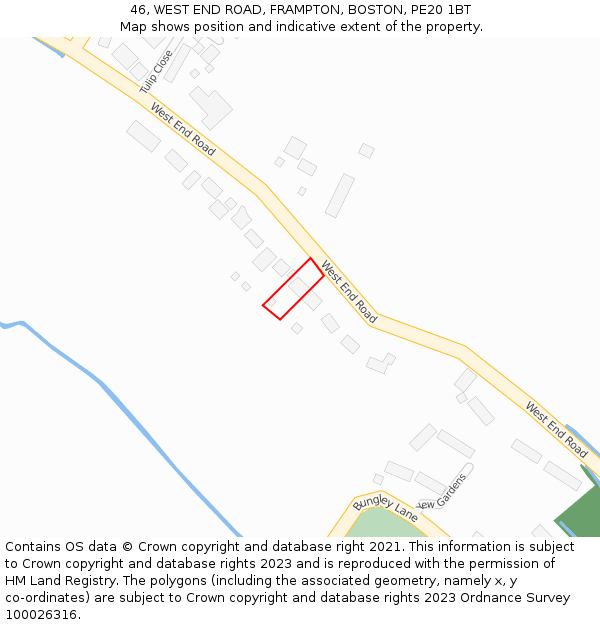 46, WEST END ROAD, FRAMPTON, BOSTON, PE20 1BT: Location map and indicative extent of plot