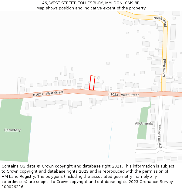 46, WEST STREET, TOLLESBURY, MALDON, CM9 8RJ: Location map and indicative extent of plot