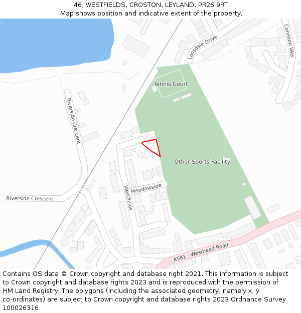 46, WESTFIELDS, CROSTON, LEYLAND, PR26 9RT: Location map and indicative extent of plot