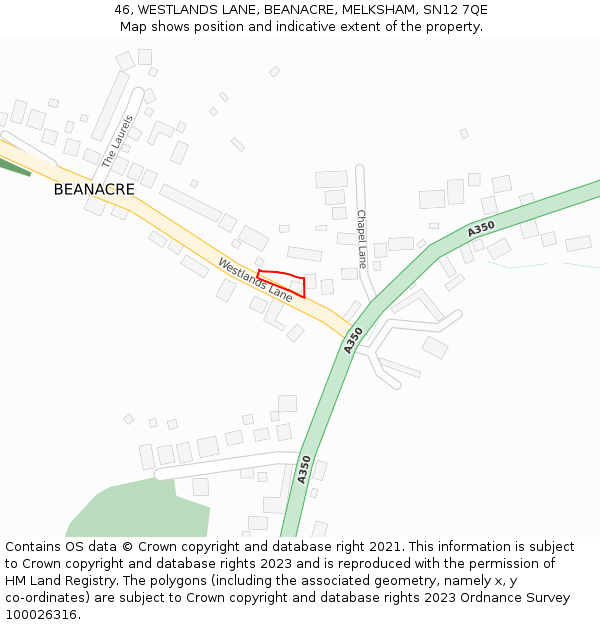 46, WESTLANDS LANE, BEANACRE, MELKSHAM, SN12 7QE: Location map and indicative extent of plot