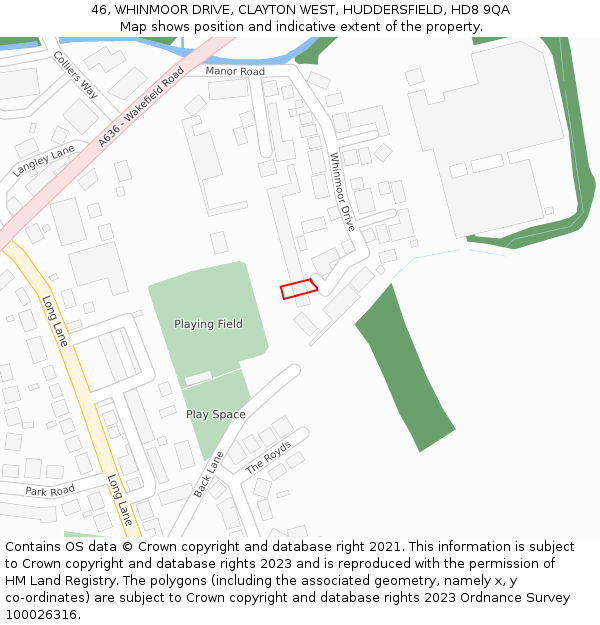 46, WHINMOOR DRIVE, CLAYTON WEST, HUDDERSFIELD, HD8 9QA: Location map and indicative extent of plot