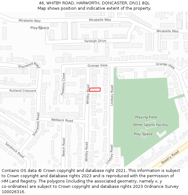 46, WHITBY ROAD, HARWORTH, DONCASTER, DN11 8QL: Location map and indicative extent of plot