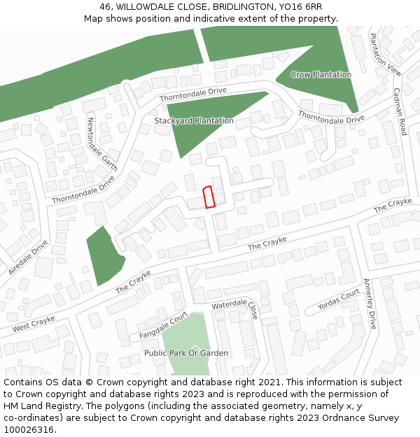 46, WILLOWDALE CLOSE, BRIDLINGTON, YO16 6RR: Location map and indicative extent of plot