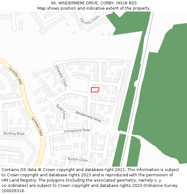 46, WINDERMERE DRIVE, CORBY, NN18 8SS: Location map and indicative extent of plot