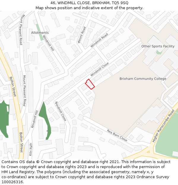 46, WINDMILL CLOSE, BRIXHAM, TQ5 9SQ: Location map and indicative extent of plot