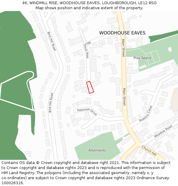 46, WINDMILL RISE, WOODHOUSE EAVES, LOUGHBOROUGH, LE12 8SG: Location map and indicative extent of plot